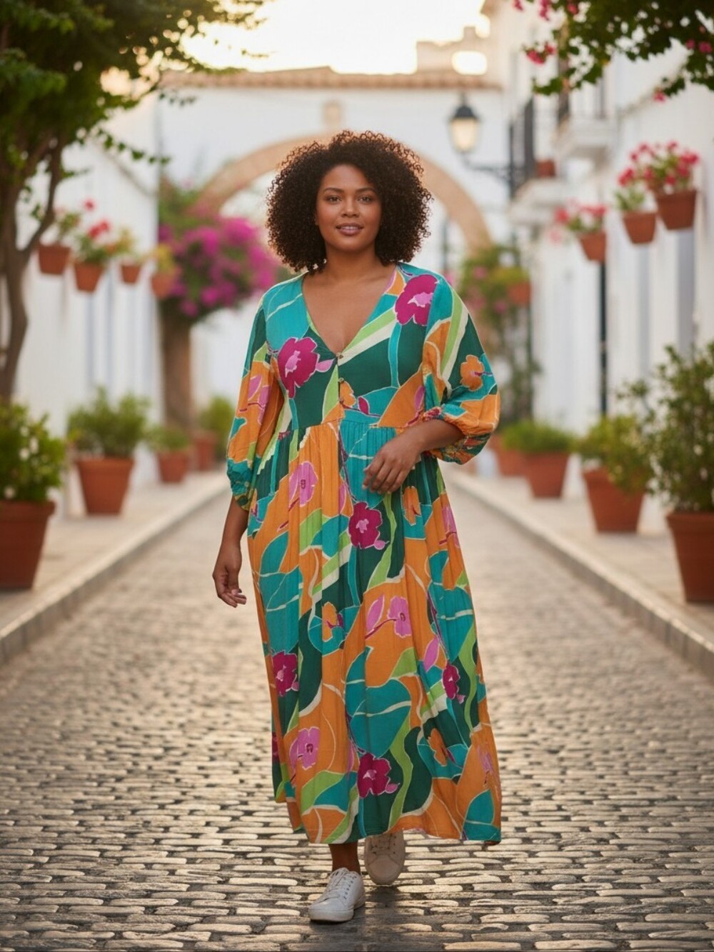 Vibrant Floral Easel Los Angeles Boho Maxi Dress in Teal & Orange
